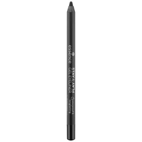 Essence Black Kajal Stay & Play Gel Eyeliner pencil, capped, presented diagonally on a white background.