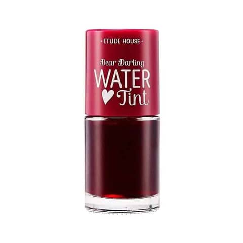 Etude Dear Darling Water Tint 02 Cherry Ade, clear bottle showing vibrant cherry red liquid.