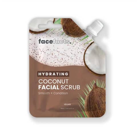 Face Facts Coconut Facial Scrub 60ML white tube, front view, with tropical blue/green coconut packaging.