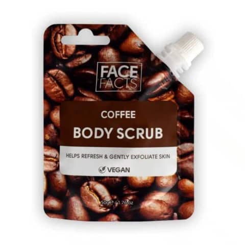 Face Facts Coffee Body Scrub 50g jar, dark brown, with visible coffee bean label on a white background.