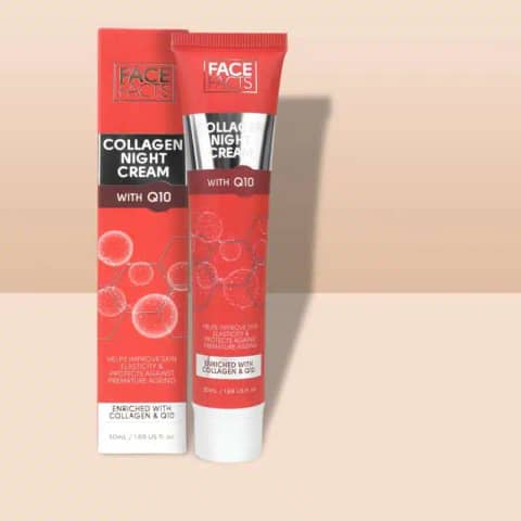 Face Facts Collagen & Q10 Replenishing Night Cream, white jar with light blue lid, front view.