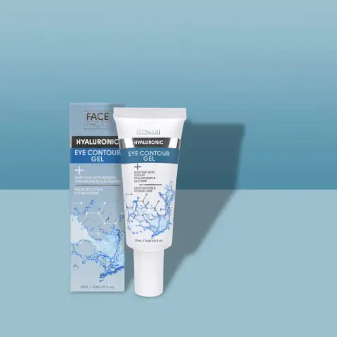 Face Facts Hyaluronic Eye Contour Gel 25ml, white tube with light blue cap, front view.
