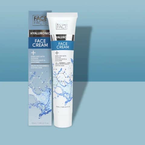 Front view of Face Facts Hyaluronic Hydrating Face Cream 50ml in white jar with blue label.