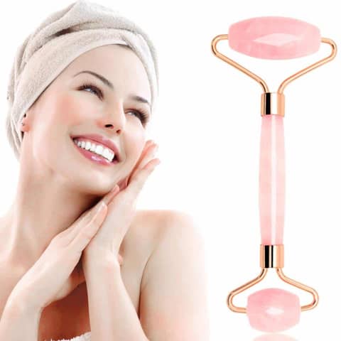 RuSu Facial Jade Roller with two polished green stones and elegant golden frame on white background.