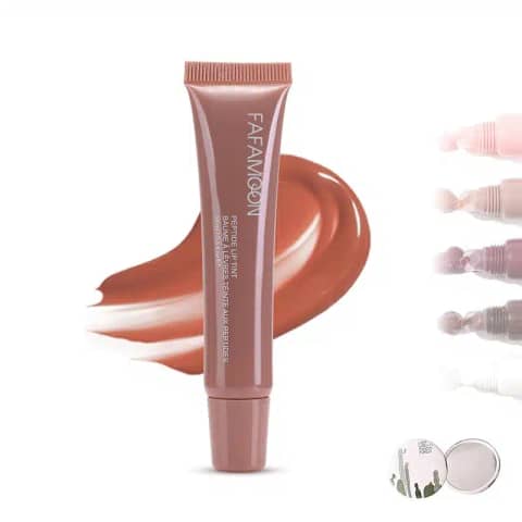 Fafamoon Peptide Lip Tint Toast 02, clear tube standing upright, showcasing its warm brown cap.