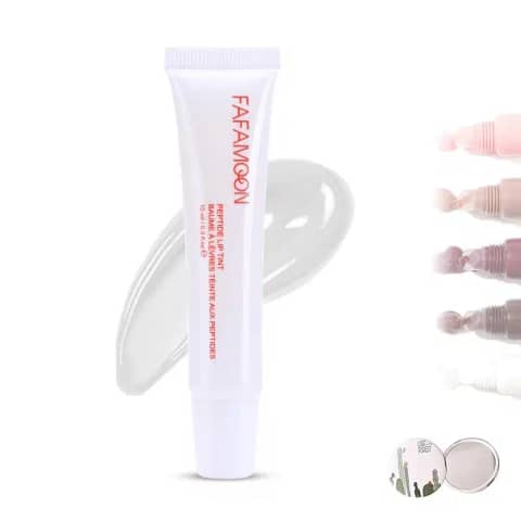 Upright Fafamoon Peptide Lip Tint White 05 in a transparent tube with white cap, showcasing the light peach shade.