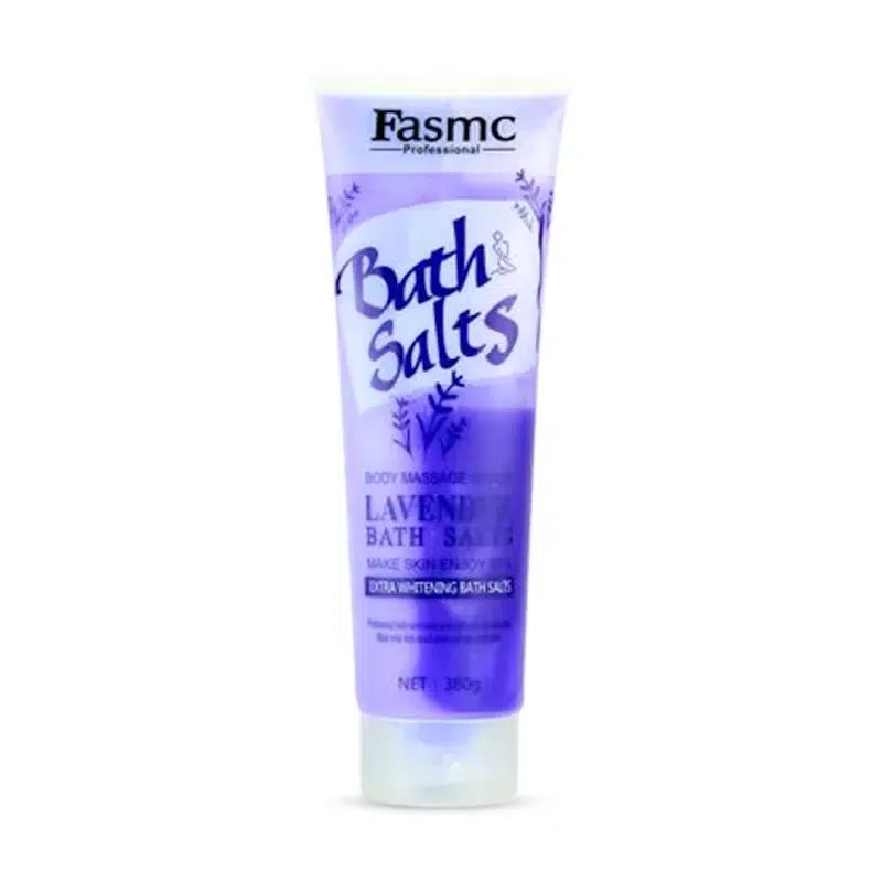 Fasmc lavender bath salts 175g in transparent jar with purple label, silver cap.