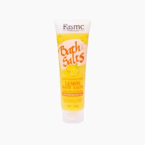 Fasmc Lemon Bath Salts 380g clear tub, yellow lemon label, full front product view.