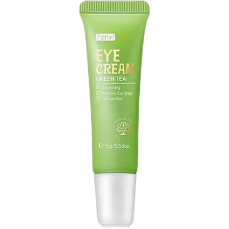 Fenyi Green Tea Eye Cream in a vibrant green tube with a white cap, standing upright.