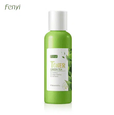 Fenyi Green Tea Face Toner 100ml bottle, clear green packaging, standing upright on white background.