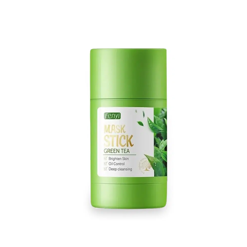Front view of Fenyi Green Tea Stick Mask 40g, showcasing its vibrant green tube and white cap.