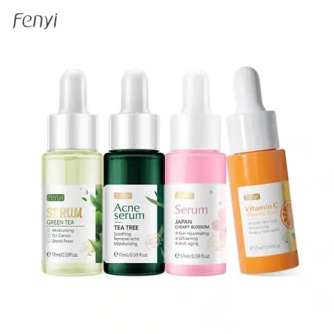 Fenyi multi-pack serum bottles: Green Tea, Tea Tree, Cherry Blossom, Vitamin C, standing upright.