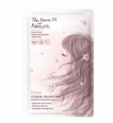 Fenyi Hair Mask Cap sachet in white and purple, featuring a woman with flowing healthy hair.