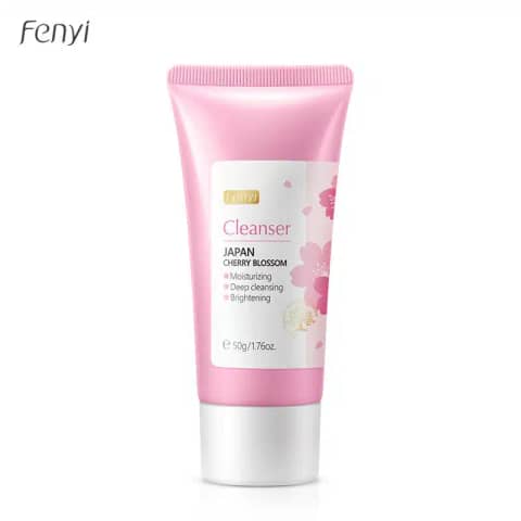 Upright pink Fenyi Japan Cherry Blossom Cleanser 50gm tube with elegant floral details.
