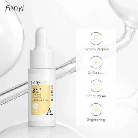 Fenyi Lab AHA Peeling Serum 3% in clear glass dropper bottle with silver cap, upright on white.