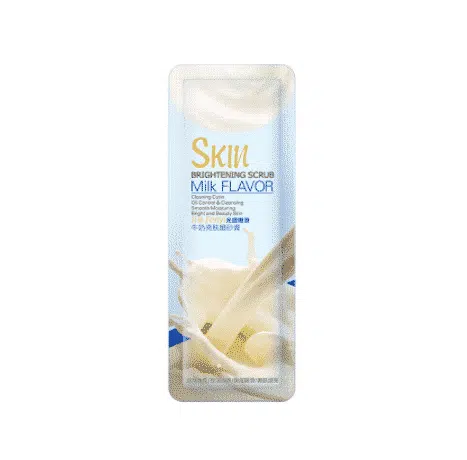 Fenyi Smooth Milk Scrub 3g sachet, white packaging with a playful cow illustration and green text.