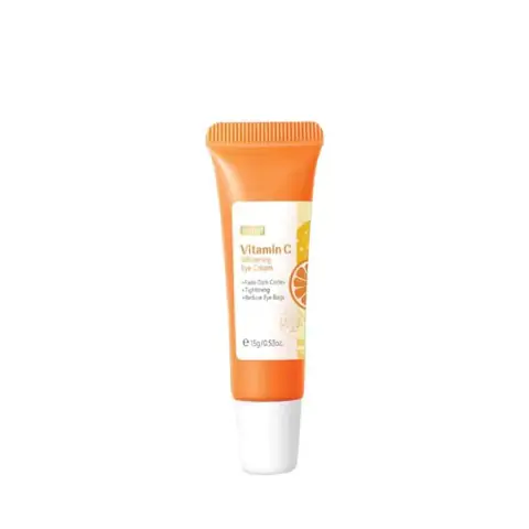 Fenyi Vitamin C Eye Cream in a sleek white tube with an orange accent label, angled subtly.