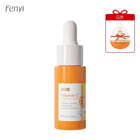 Fenyi Vitamin C Serum 17ml dropper bottle and complimentary sunscreen sachet displayed on white surface.