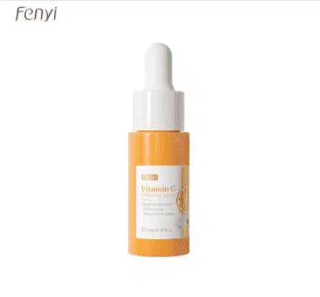 Fenyi Vitamin C Whitening Serum in a small clear glass bottle with an orange dropper, showing yellow liquid.