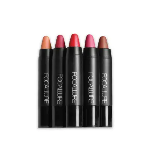 Focallure Lips Crayon lipsticks in twelve vibrant shades, neatly displayed standing upright in a clear tray.
