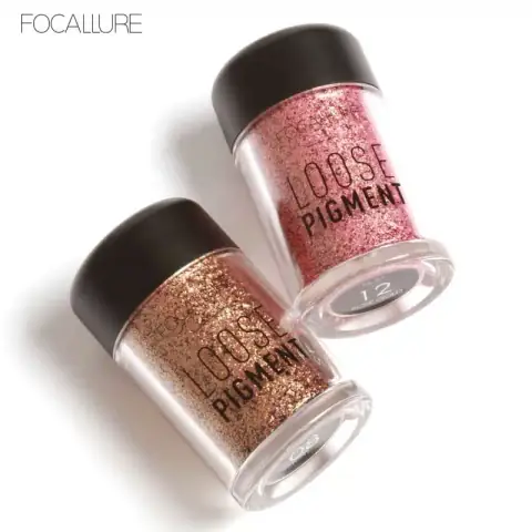Focallure Loose Pigment Glitter Eyeshadow pot, open to reveal shimmery golden-pink loose powder.