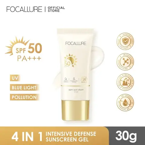 Focallure SPF 50 PA+++ sunscreen tube for face, 30gm, standing upright on white background.