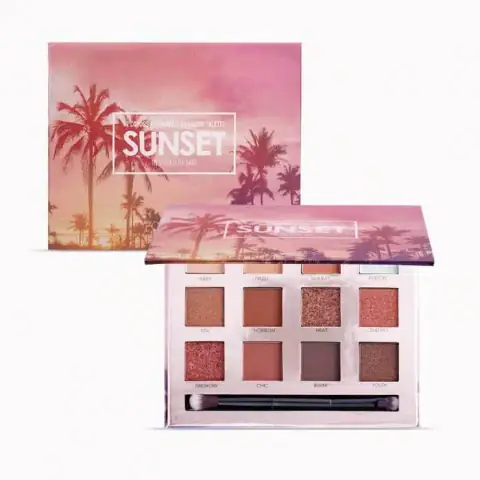 Focallure Sunset Eyeshadow Palette open, revealing nine warm-toned matte and shimmer shades.