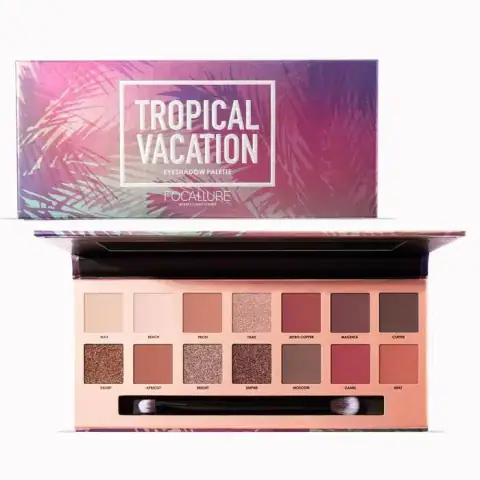Focallure Tropical Vacation eyeshadow palette, closed, vibrant blue-green packaging with tropical leaf design, front view.