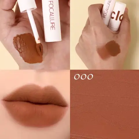 Focallure True Matte Lip Clay tube standing upright, revealing its stylish nude terracotta shade.