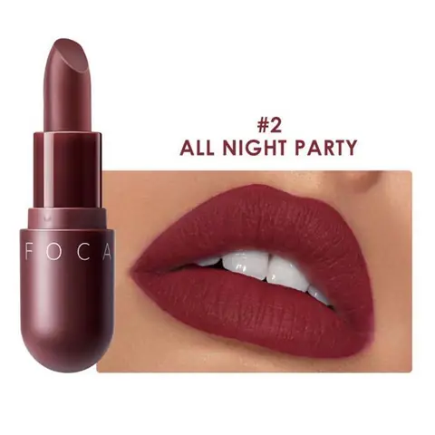 Focallure Velvet matte lipstick 02, sleek black tube standing upright, showing red hue.