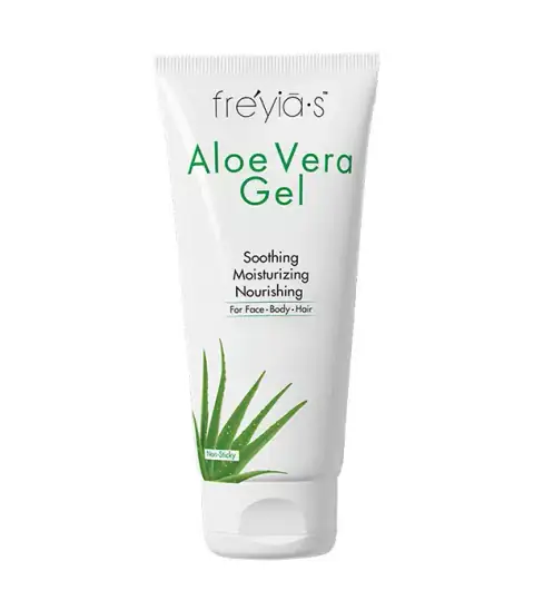 Freyias Aloe Vera Gel 200ml bottle, clear packaging with vibrant green flip cap, angled view.