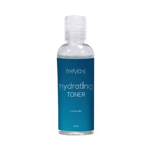 Freyias Hydrating Toner 100ml for dry skin, clear bottle with elegant rose gold cap.