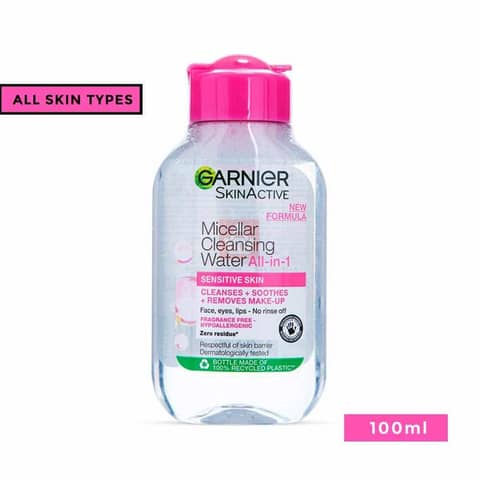 Clear Garnier Micellar Cleansing Water 100ml bottle, pink label, white flip-top cap.