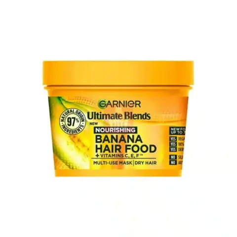 Garnier Ultimate Blends Hair Food Banana Hair Mask, 400ml yellow jar with green lid, front view.