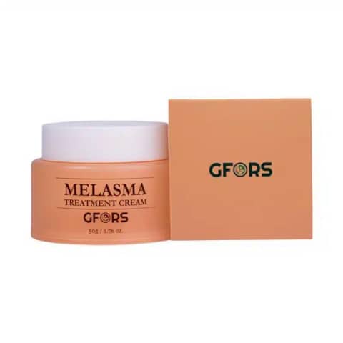 GFORS Melasma Treatment Cream 50gm jar and branded box, the open jar reveals white cream.