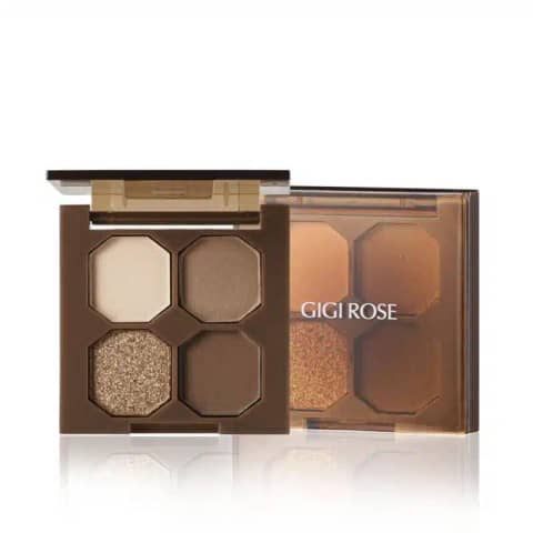 GiGi Rose 4-color eyeshadow palette in closed light pink compact, revealing four rose-themed shades.