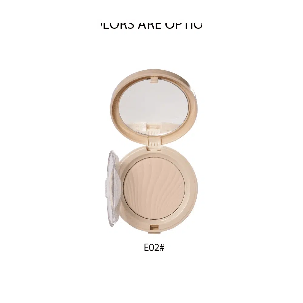 GiGi Rose Pressed Powder compact, metallic rose gold, waterproof oil control, natural E02 shade.