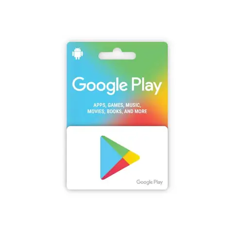 Bright orange Google Play $50 gift card displayed with its logo on a light blue background.