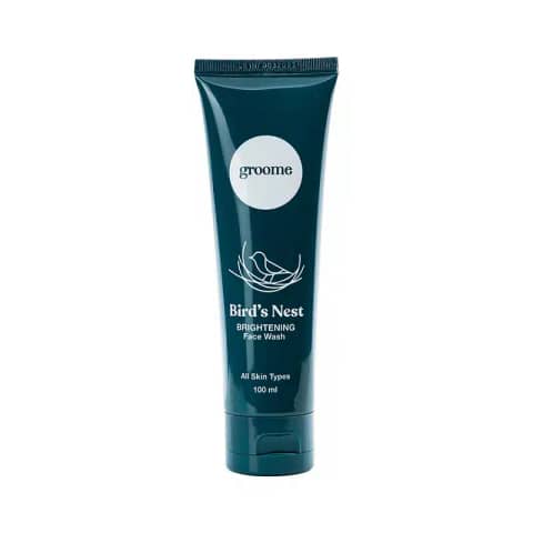 Groome Birds Nest Brightening Face Wash 100ml tube, white and gold, stands upright, front view.