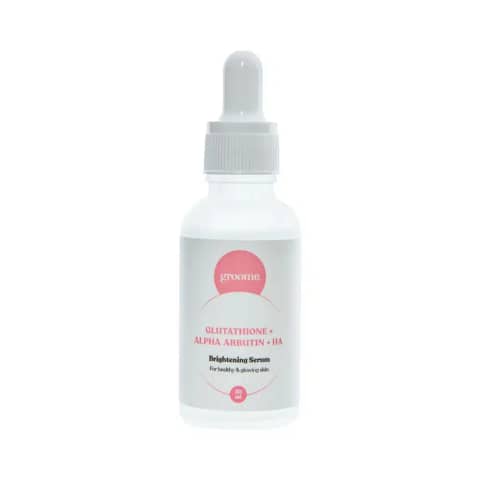 Clear Groome Brightening Serum 30ml glass dropper bottle, white label, standing upright.