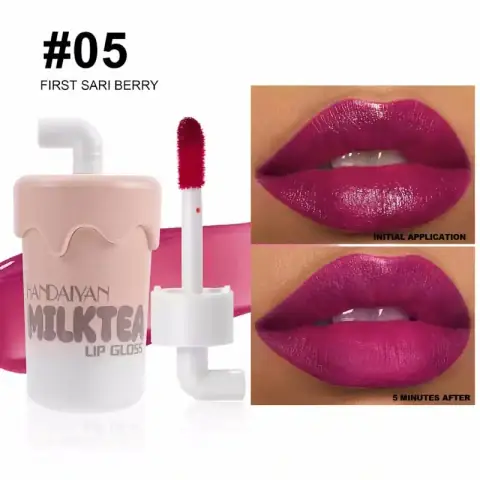 Handaiyan Mini Milk Tea lip gloss, clear tube with nude shade and beige cap, standing upright.