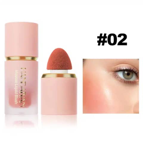 Handaiyan Liquid Blush 02 clear tube, peachy-pink liquid inside, standing upright.