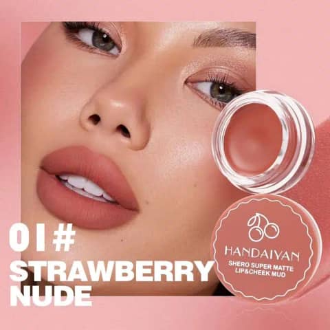 Handaiyan Matte Lip Cheek Mud 01 tube with a shiny gold cap, standing upright on white.