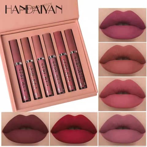 Handaiyan matte liquid lipstick 6-piece set, tubes showcasing diverse nude-brown shades vertically arranged.