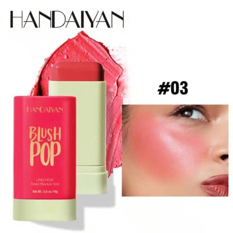 Handaiyan Stick Blush Lip&Cheek POP 03, a closed black tube displaying the coral pink shade.