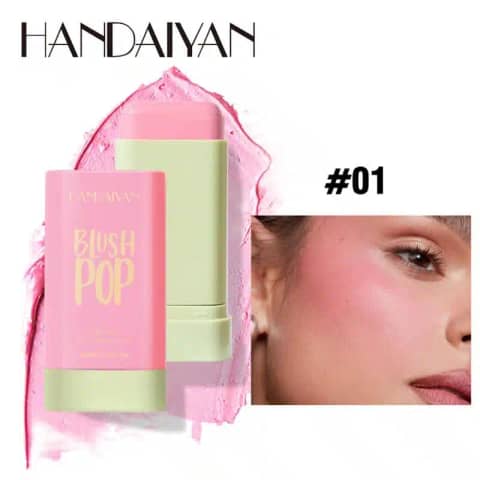 Handaiyan Stick Blush Lip&Cheek POP, a vibrant peachy-pink shade in sleek black packaging.