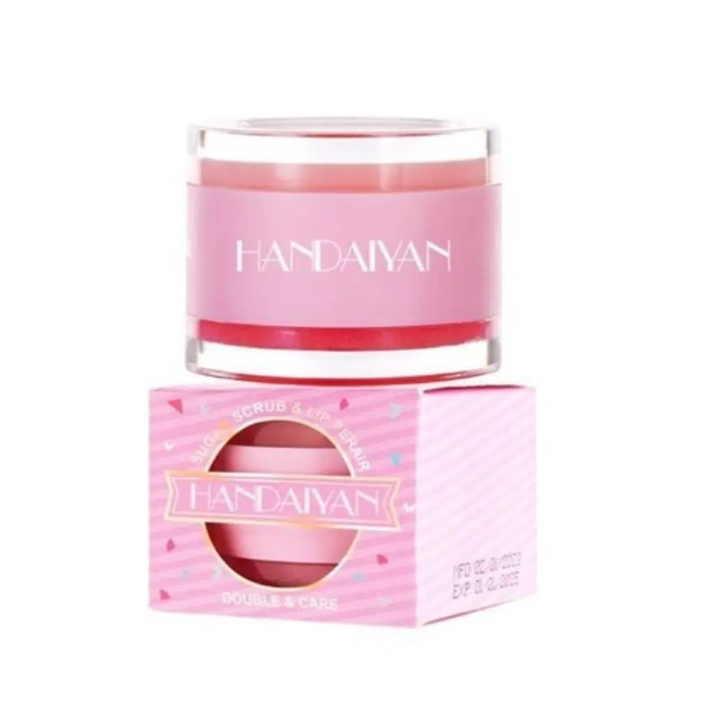 Handaiyan pink sugar lip scrub in clear jar, with white lid and small applicator.
