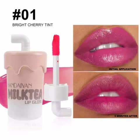 Handaiyan Mini Milk Tea 01 lip gloss standing upright, a compact tube with a white cap.