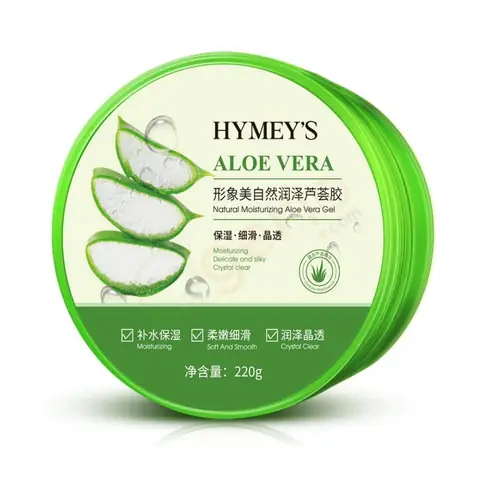 Front view of Hymeys Aloe Vera Soothing Gel 92% 220g in a clear plastic tub.