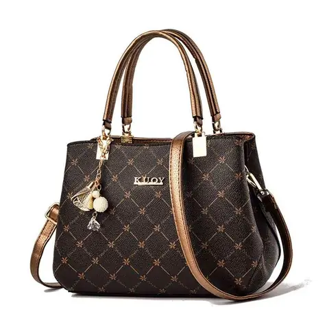 RuSu premium women's light brown top-handle bag with golden clasp and adjustable shoulder strap.